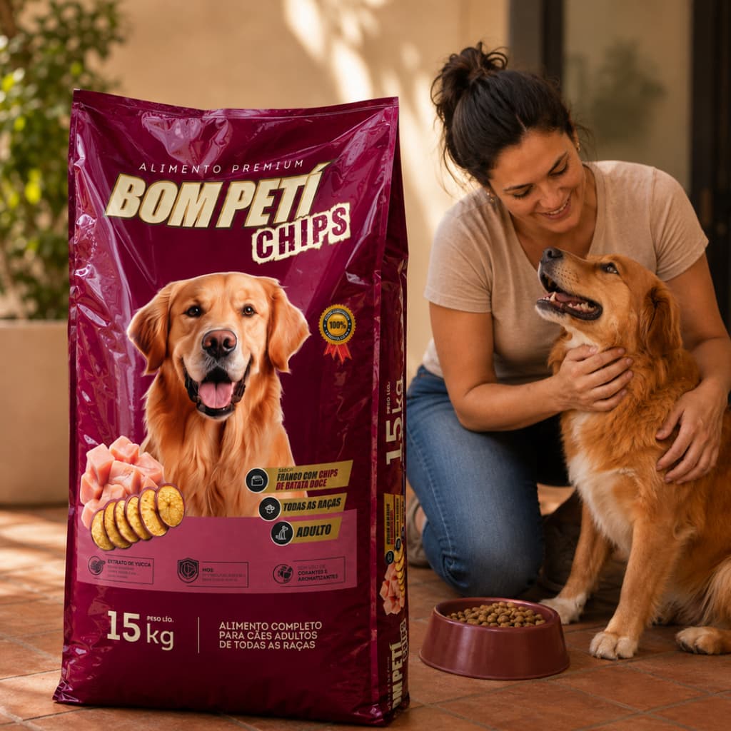 Ração Para Cachorro 15kg Bom Petí Dog Chips  Sabor Frango com Chips Batata Doce 20% Proteína