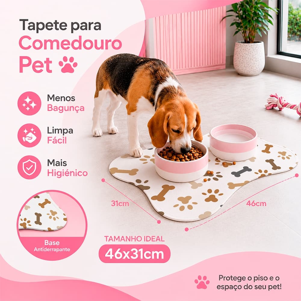 Tapete Pet Comedouro para Cachorro e gato - Tapete para Ração e Água Formato Ossinho 46x31 Antiderrapante