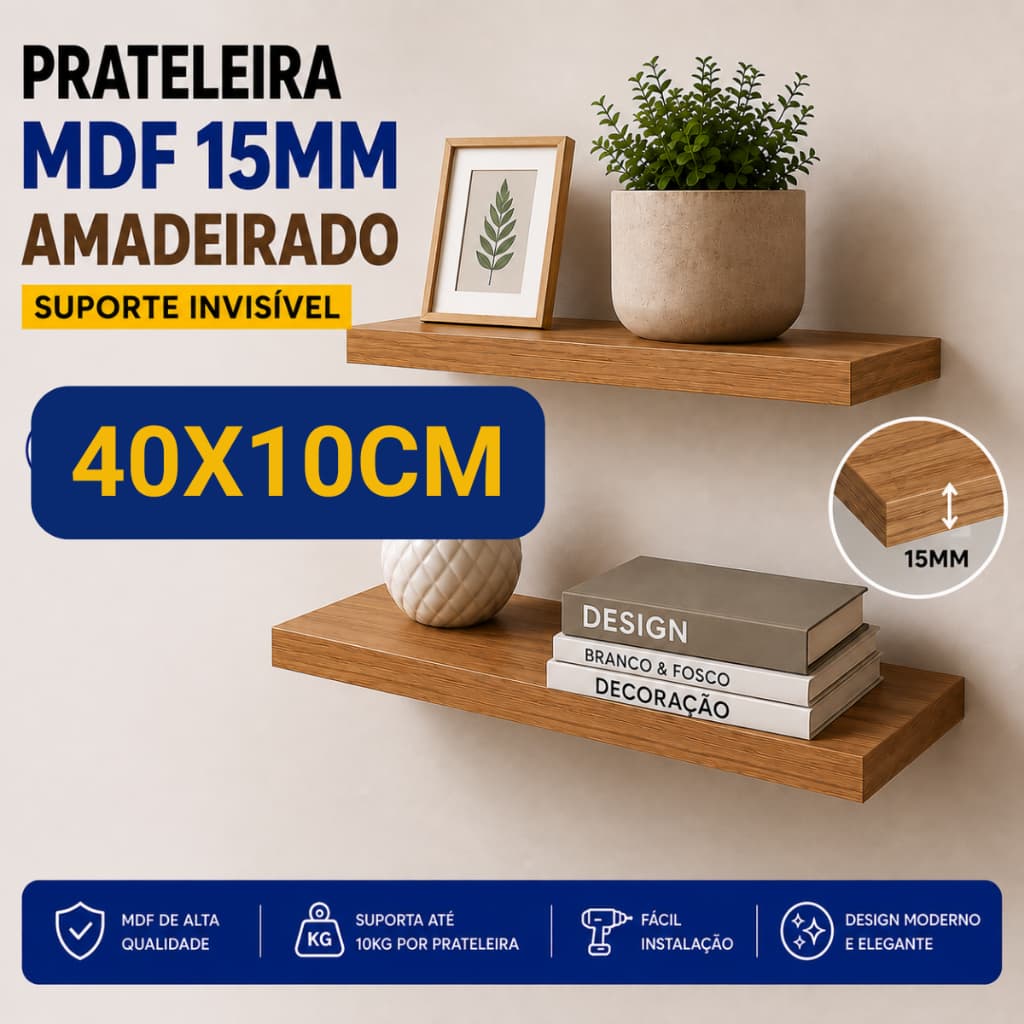 Prateleira Flutuante MDF 15mm Freijó 40x10cm com Suporte Invisível para Parede Sala Quarto Amadeirado Escritório