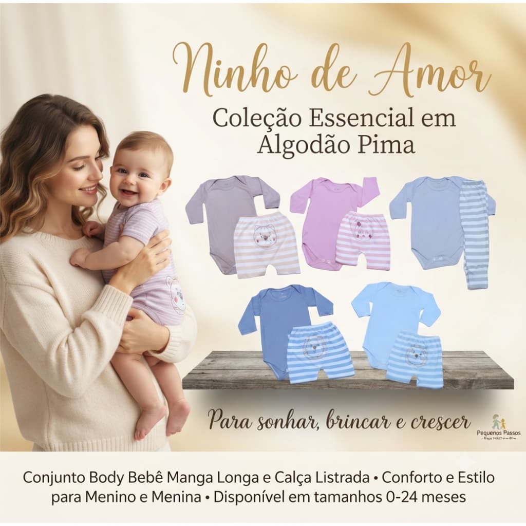 Conjunto Body Bebê Manga Longa Calça Listrada Roupa de Bebê Menino Menina Algodão Conjunto Infantil