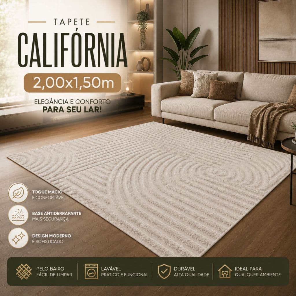 Tapete California 2,00x1,50m Alto Relevo Moderno Premium Macio Antiderrapante para Sala e Quarto