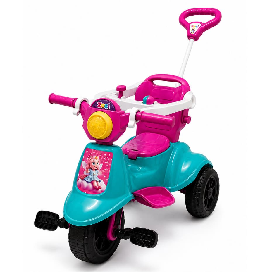 Triciclo Carrinho Motoca C/ Guia Passeio e Pedal Avespa Colorido Infantil Empurrador