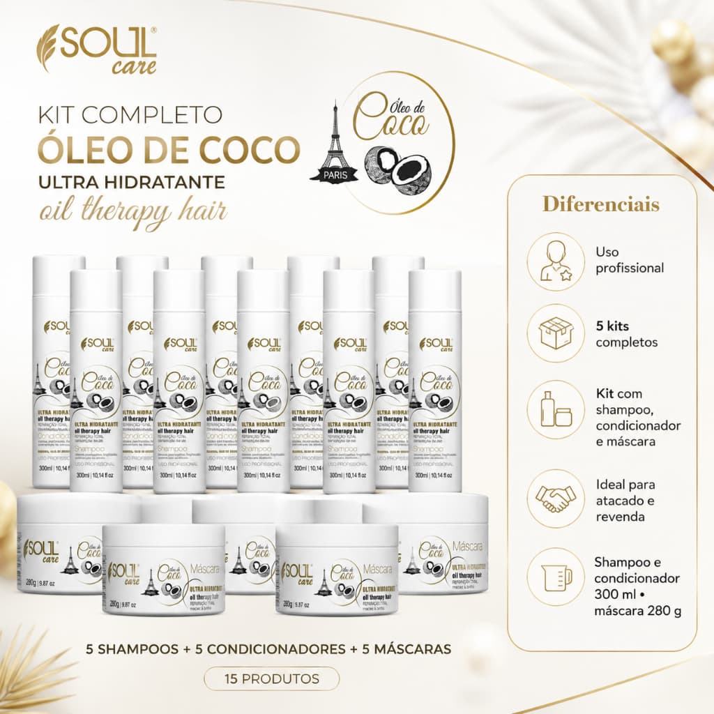 Kit Atacado 5 Kits 15 Itens Óleo de Coco Shampoo Condicionador Máscara Hidratação Capilar Revenda
