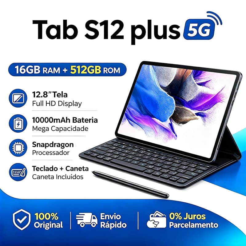 Tablet Tab S12 Plus 12.8" Tela 2K | 16GB RAM 512GB ROM | Android 15 Octa-Core | 10000mAh | Com Teclado + Mouse