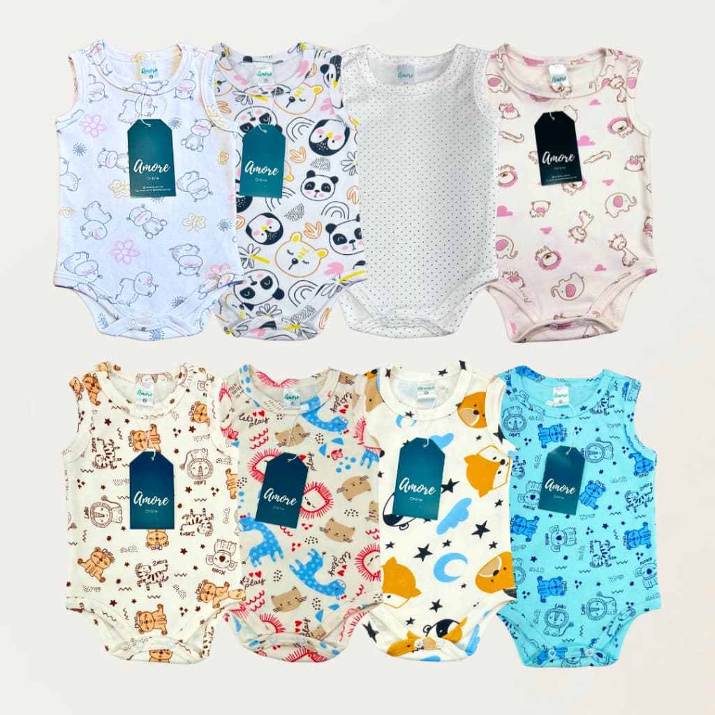 Kit 4 Body Bebê Regata Amore Sortido Estampado Menina Menino Verão