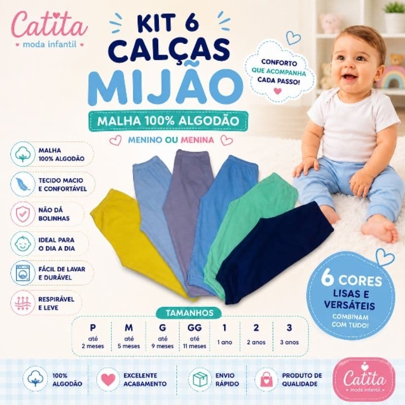 Kit 6 Mijão Bebê Culote Calça Pé Aberto Menino Menina Roupa Infantil 100% Algodão P M G 1 a 3 Anos