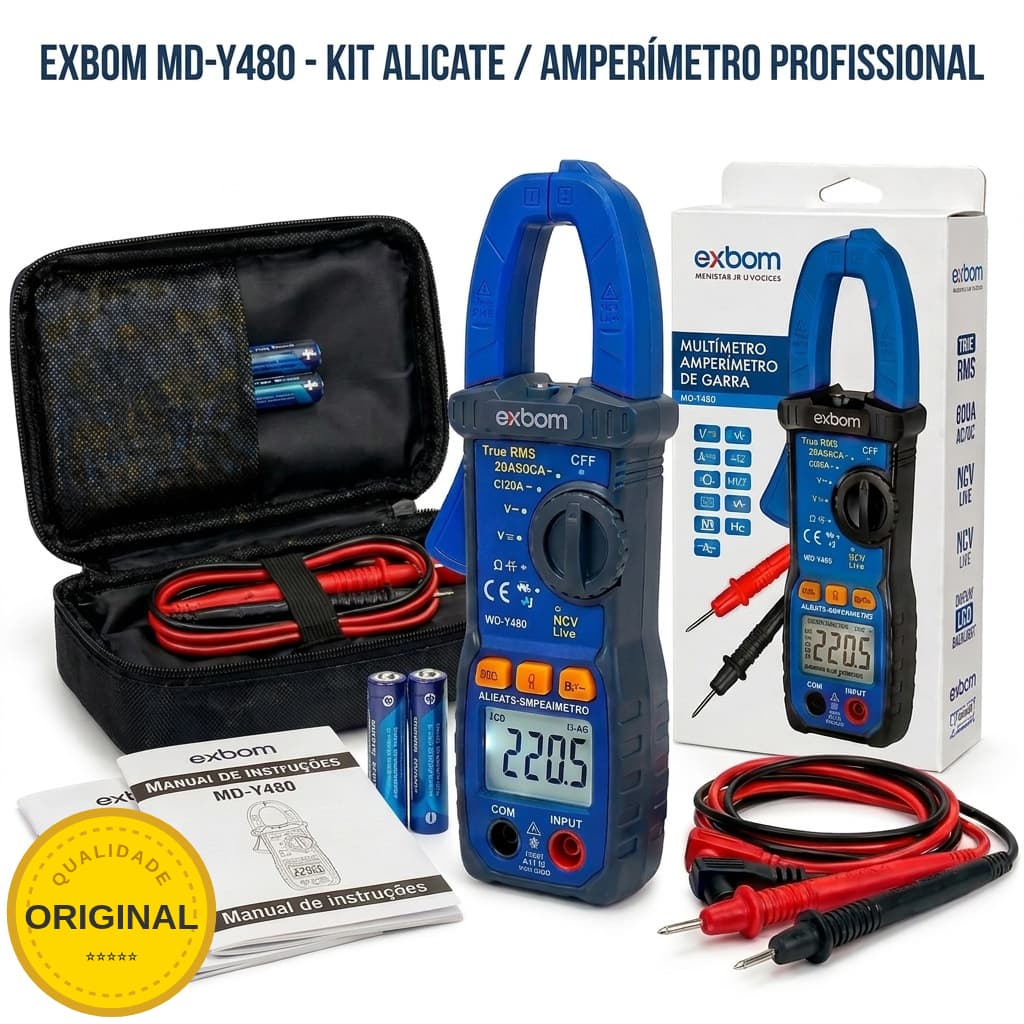 Alicate Amperímetro Digital Exbom True RMS 600V NCV+Estojo/Pilhas N.Fiscal)