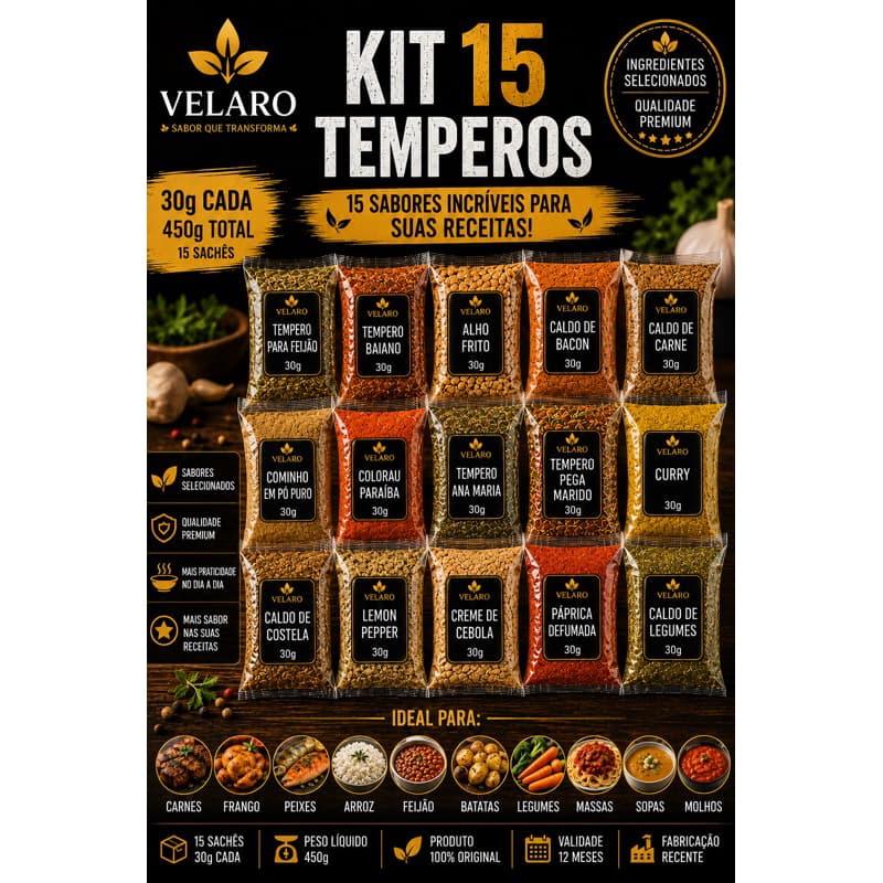 Kit 15 Temperos e Especiarias 30g Cada 450g Completo para Cozinha e Churrasco Velaro (kt05)