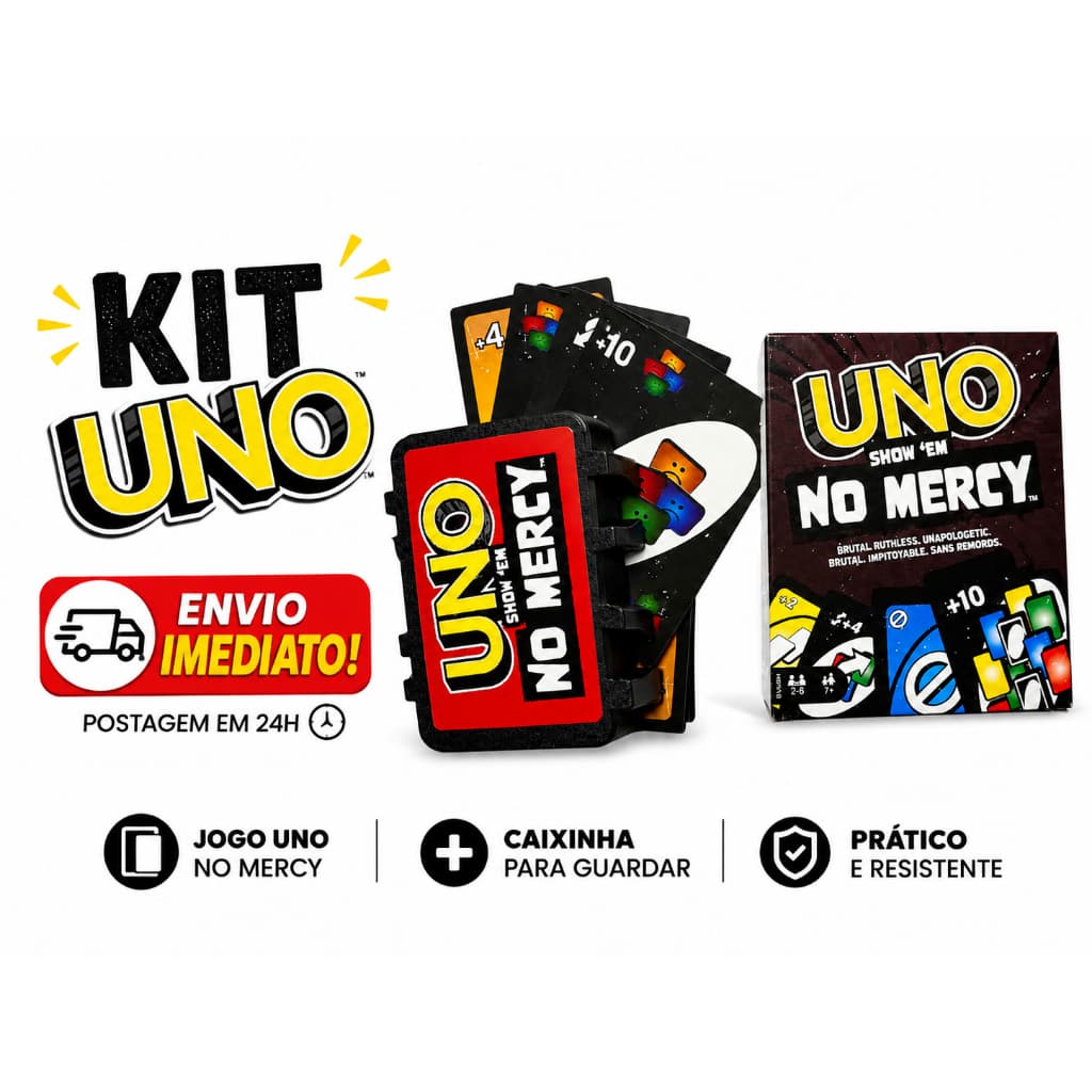 UNO No Mercy  KIT Jogo de Cartas Mais Caixa, Diversão Para a Família com Novas Regras e 168 Cartas Exclusivas