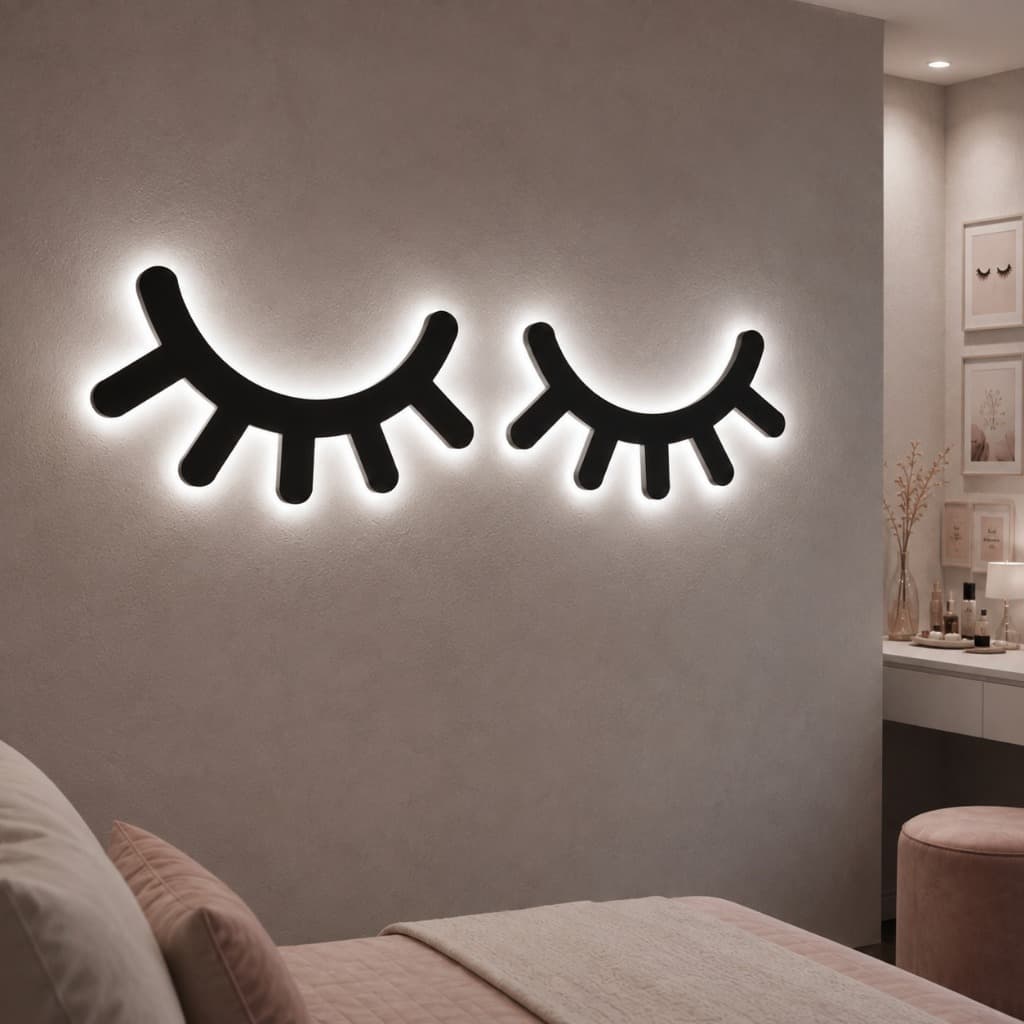 Luminária Cílios LED Decoração Em MDF Estúdio Led Branco 30Cm Decorativo