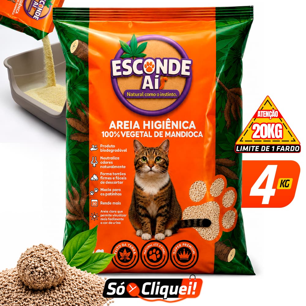 Areia Sanitária Biodegradável Esconde Aí Mandioca 4KG Granulado Higiênico para Gato Forma Torrões Firmes Alta Absorção