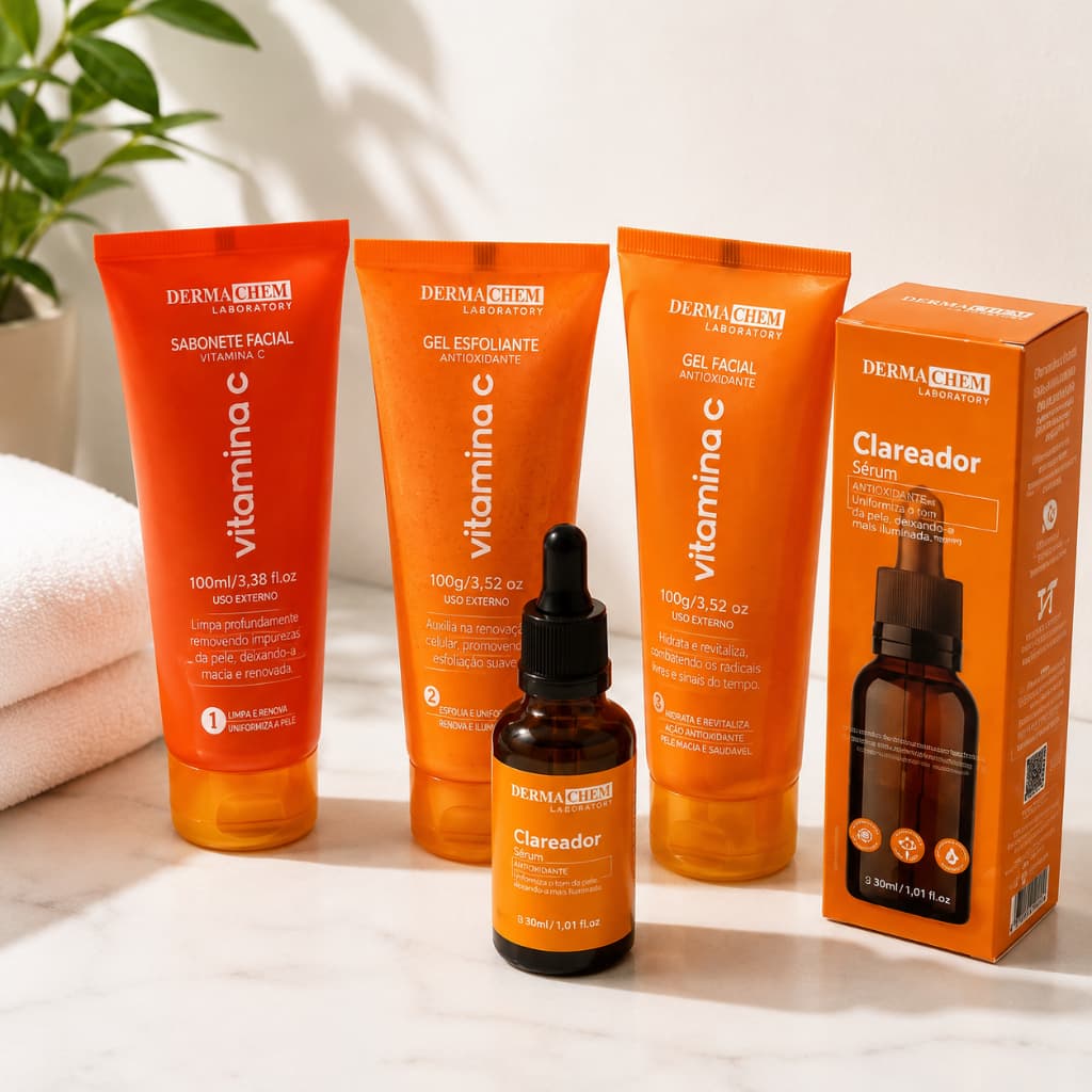 Kit Skincare Dermachem Vitamina C 4 Produtos | Limpeza, Esfoliação, Hidratação e Anti-idade