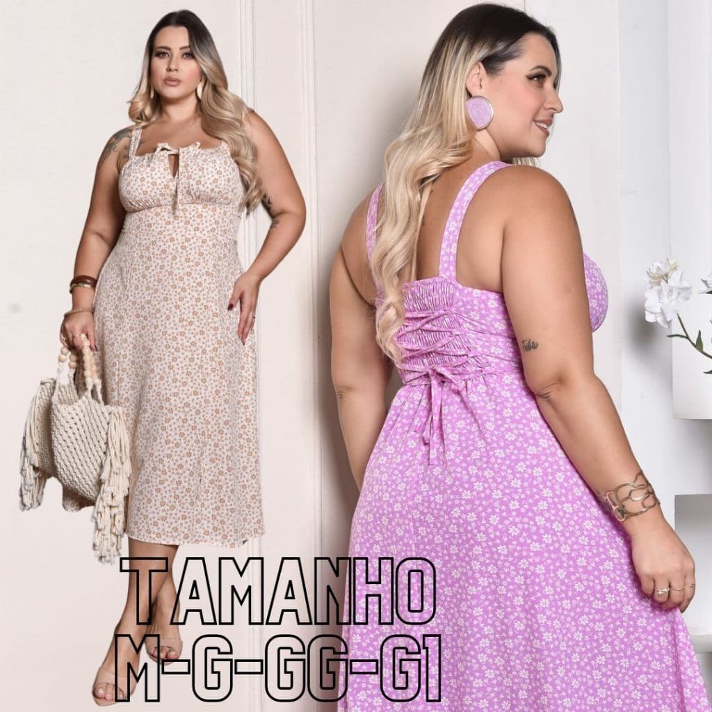 Vestido Feminino Mídi Romântico Estampa Floral Slim ao Plus size Fenda lateral Laço no Busto Tendencia Moda 2026