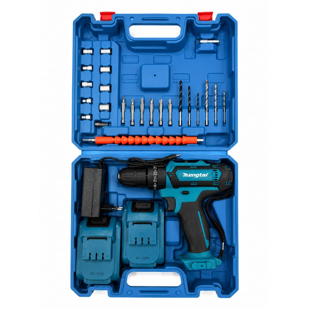 Parafusadeira Furadeira Mengtai 48V 2Ah Sem Fio Kit Completo 2 Velocidades