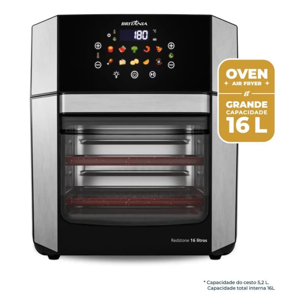 Air Fryer Oven Britânia 16L 4 Em 1 com 10 Funções Painel Digital Redstone BAF16A