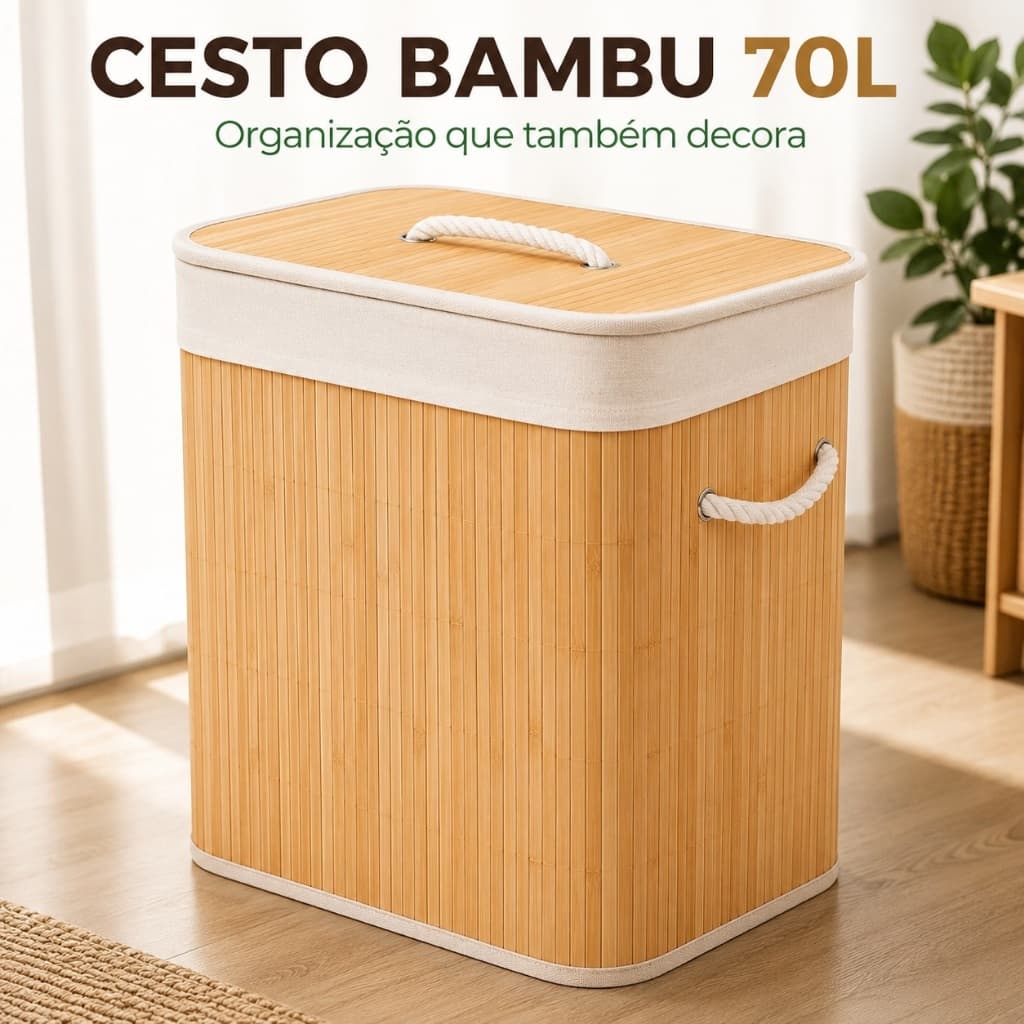 Cesto Roupa Suja Bambu 70L com Tampa e Alças Organizador Grande Lavanderia Banheiro Quarto
