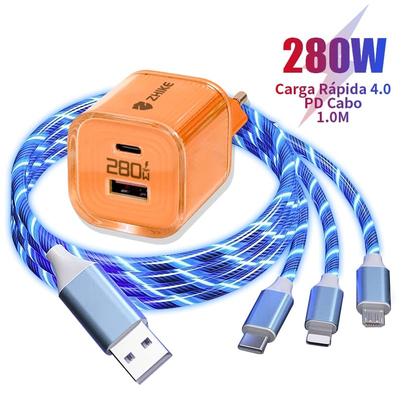 Cabo Carregador Celular Carregamento Rápido 3 em 1 Tipo C Micro USB V8 iP 1M LED Streamer Com Adaptador GaN