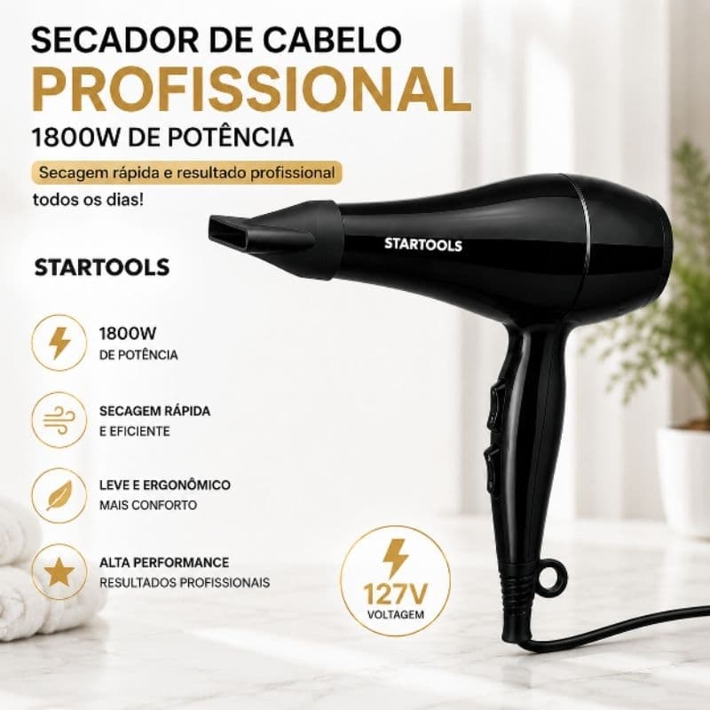 Secador Cabelo Profissional 1800W Potente Leve Alta Performance 127V Preto Rápida Secagem