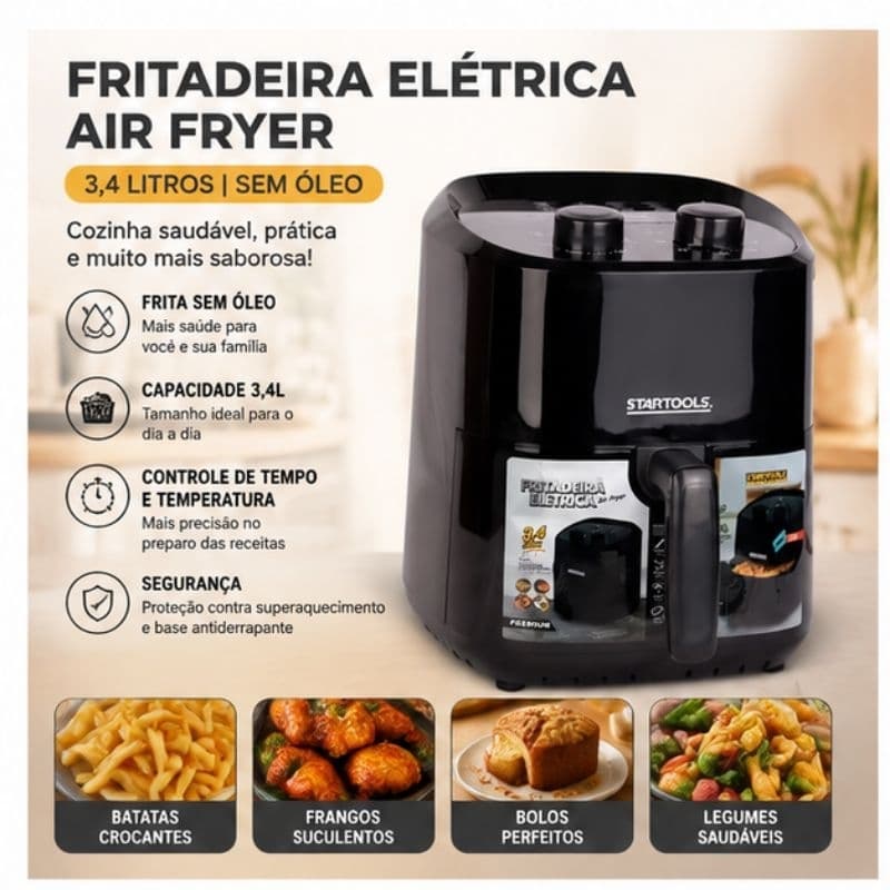 Fritadeira Elétrica Air Fryer Capacidade 3,4 Litros Sem Óleo Cozinha Saudável Preto 127V
