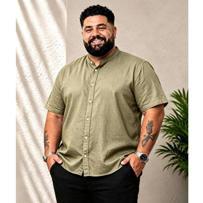 Camisa Social Plus Size Masculina Gola Padre Manga Curta Slim Fit Premium Linho