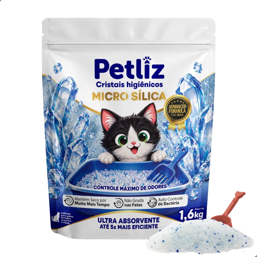 Areia Sanitária Higiênica para Gatos Micro Cristas de Sílica Fina Ultra Absorvente Petliz 1,6kg