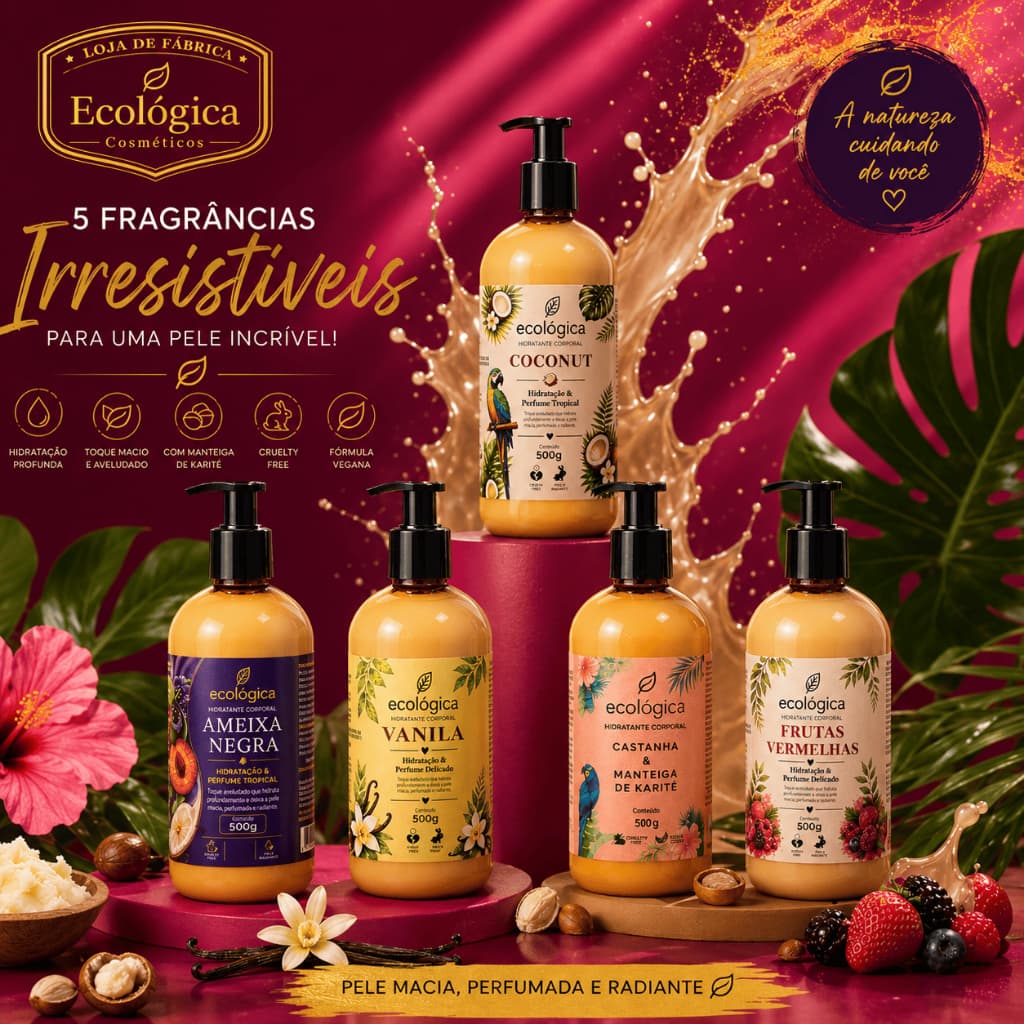 Creme Hidratante Corporal Facial 500g Pump Castanha & Manteiga de Karité Vanilla Frutas Vermelhas Ameixa Negra Coconut