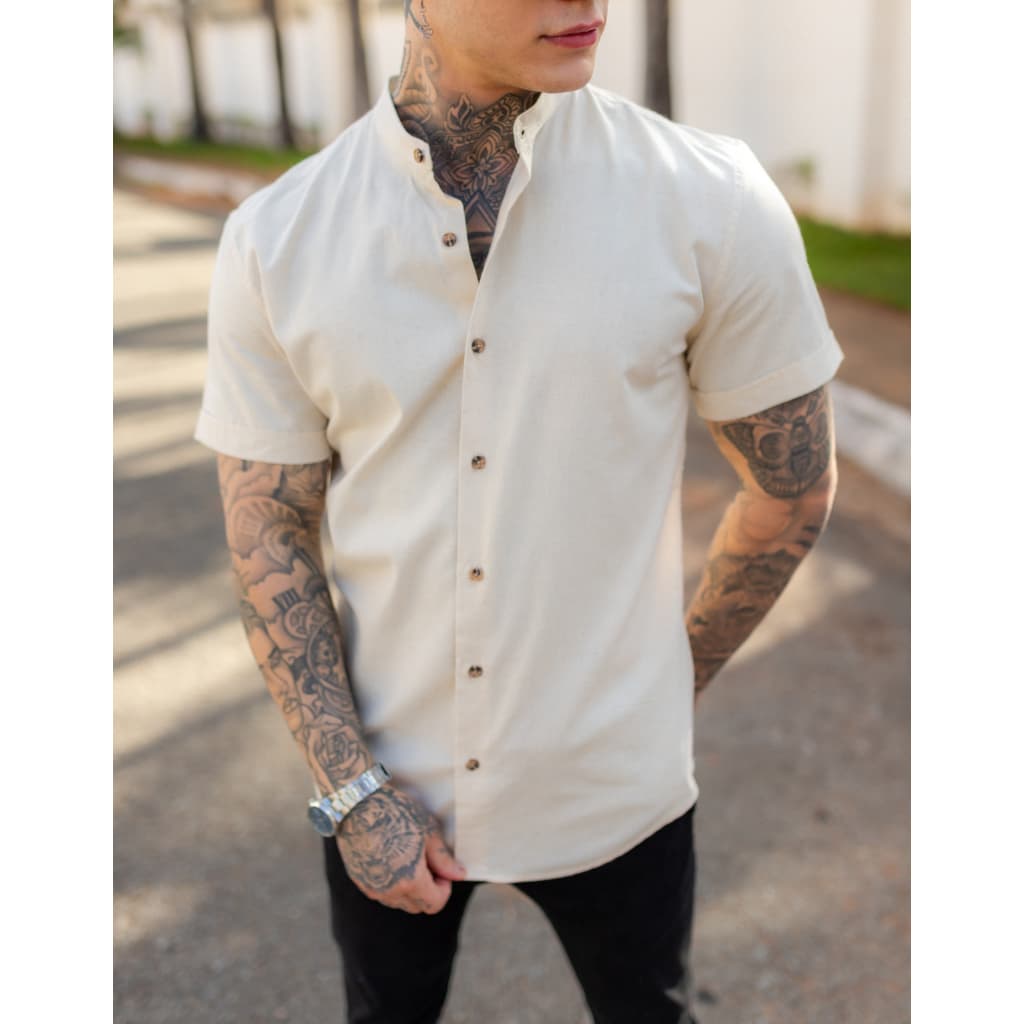 Camisa Social Masculina Slim Fit Gola Padre Manga Curta - Tendência 2026