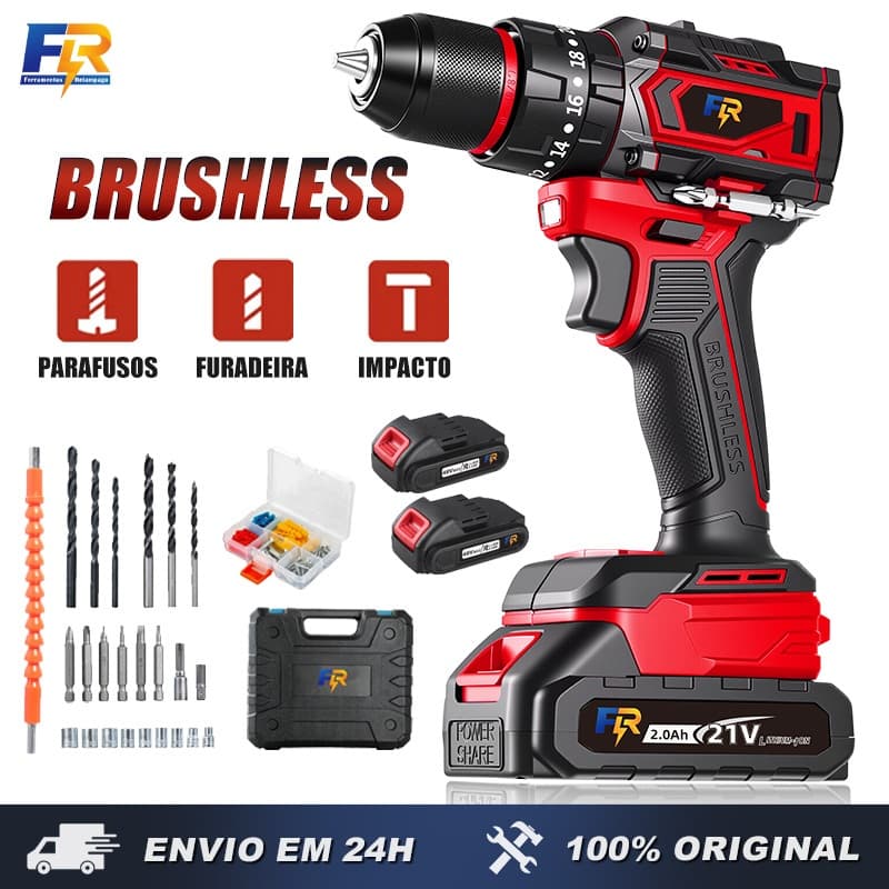 Parafusadeira Furadeira de Impacto 21V Brushless 70Nm Mandril 10mm  Maleta e Kit de Acessórios