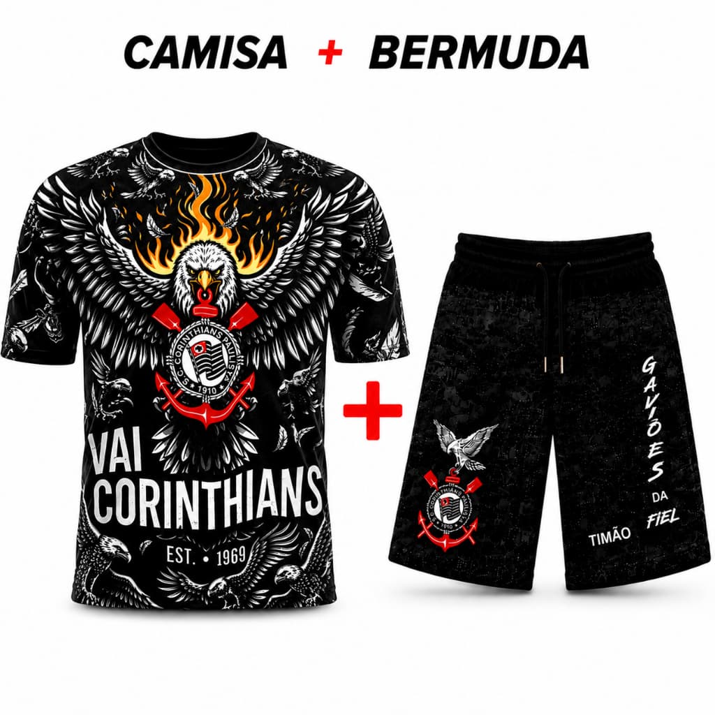 Kit Camisa + Shorts Corinthians Gaviões da Fiel Masculino Torcida Timão