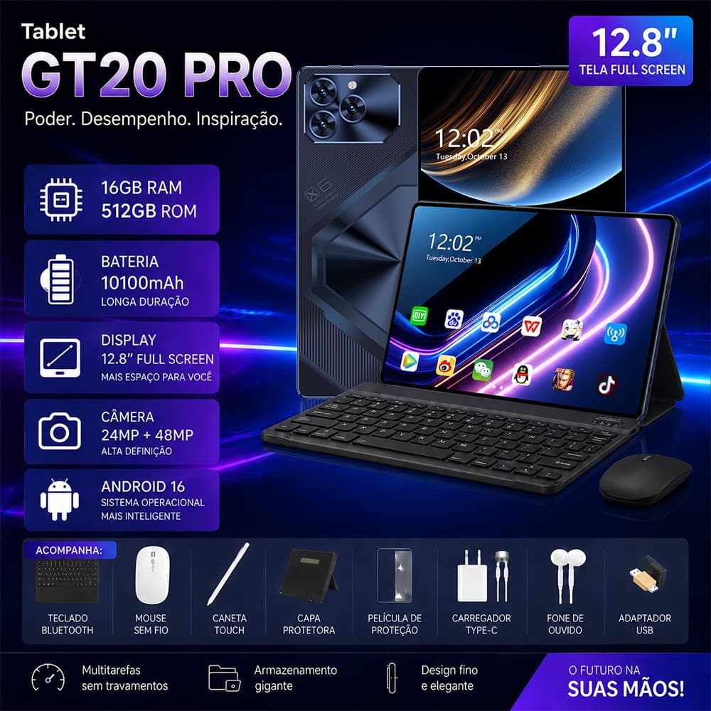 【Teclado e mouse gratuitos】Tablet Galaxy GT20 PRO 12.8" 16GB RAM 512GB ROM 5G Android 16 SMART K BOX RÁDIO FM + PRESENTE