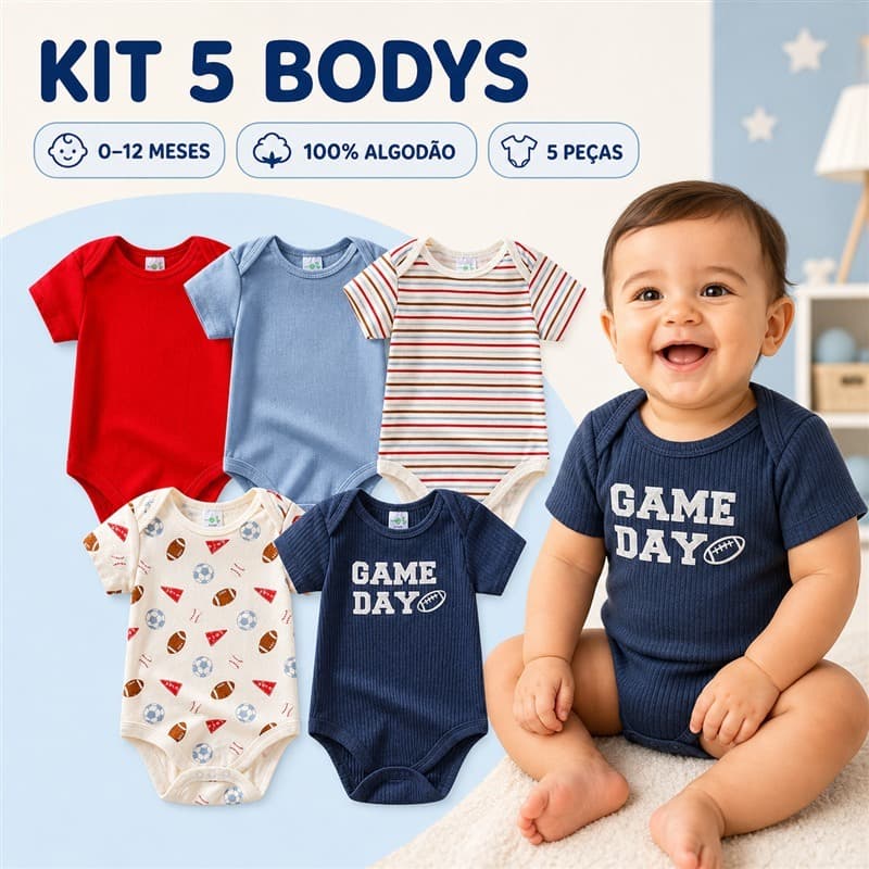 Kit com 5 bodys de manga curta para bebê menino, perfeito para deixar o enxoval mais prático e versátil. O conjunto reún