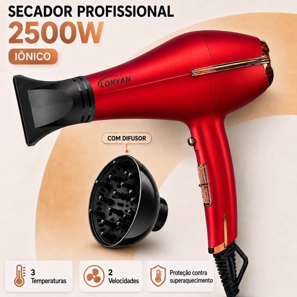 Secador de Cabelo Profissional com Difusor e Concentrador 127V 220V LONYAN 2500W Turbo íons Silencioso Que Reduz o Frizz