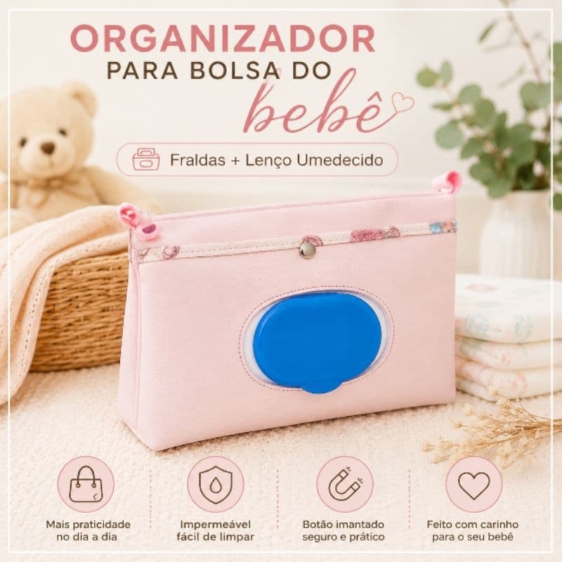 Porta Fralda e Lenço Umedecido Bebê Necessaire Organizadora Impermeável Botão Imantado