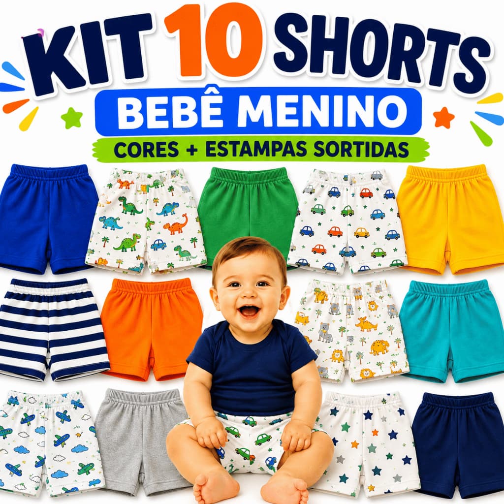 Kit 10 Tapa Fralda Bebê Menino Shorts Algodão Roupa Bebê Verão Enxoval Recém-Nascido RN P M G