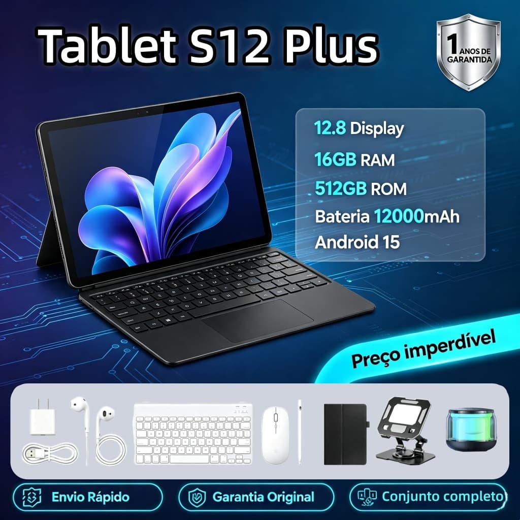 【Teclado e mouse gratuitos】Tablet S12 Plus 16 GB + 512 GB 12,8 polegadas HD Dual SIM Dual Core 12000 mAh Android 15
