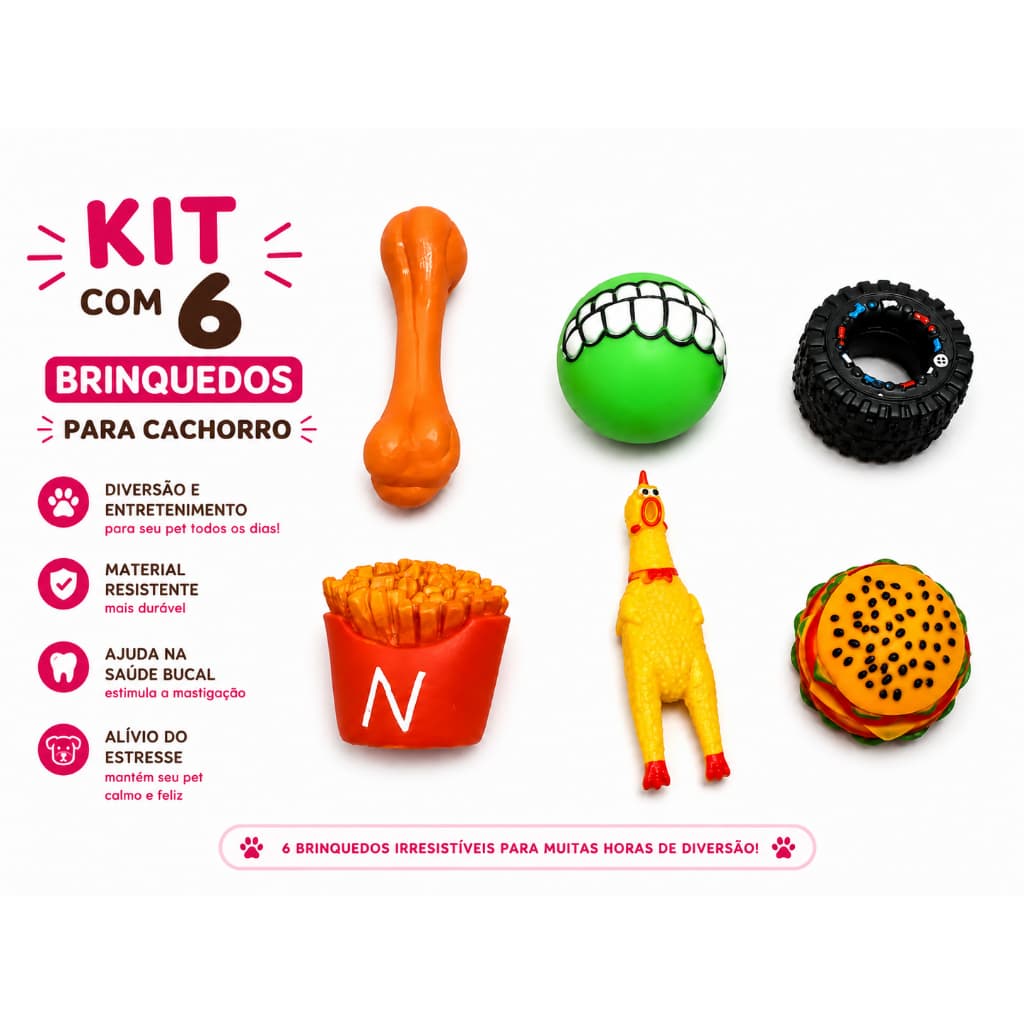 Kit 6 Brinquedos para Cachorro – Mordedores, Bola, Pneu e Brinquedos Divertidos