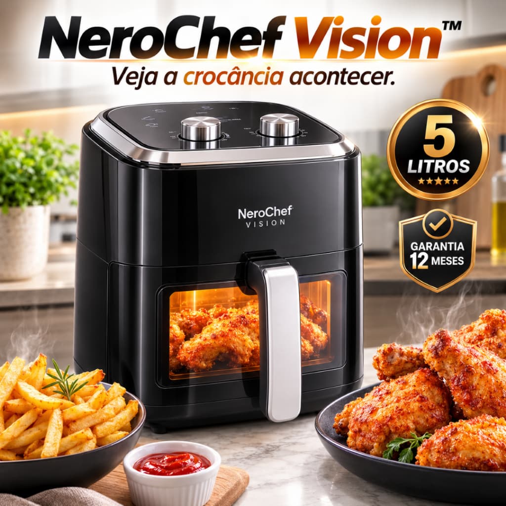 Fritadeira Elétrica Air Fryer 5L Sem Óleo 1350W 220V com Visor Iluminado e Timer NeroChef Vision™