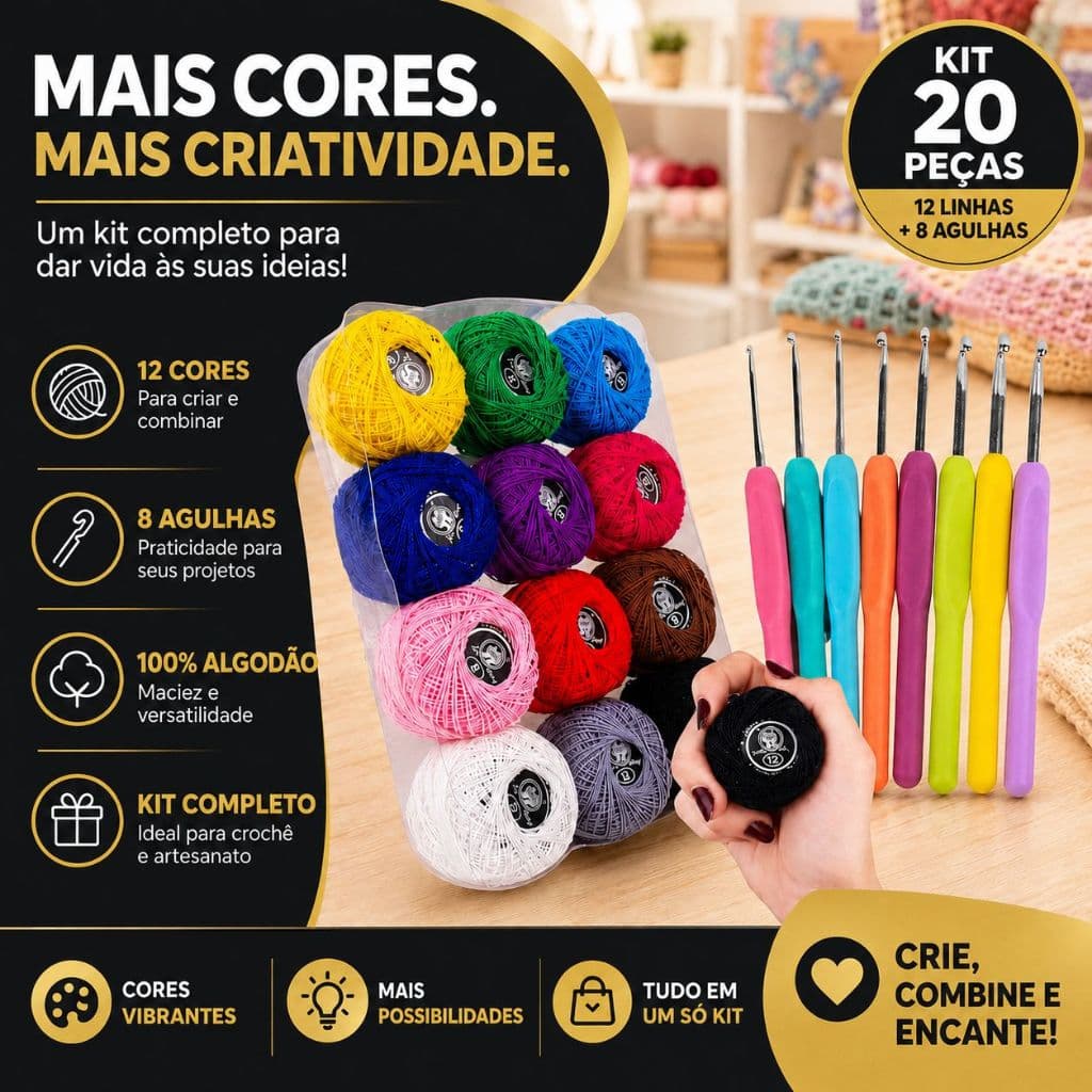 Kit Crochê Completo 12 Linhas Coloridas 100% Algodão + 8 Agulhas Ergonômicas Amigurumi Iniciante -MZ