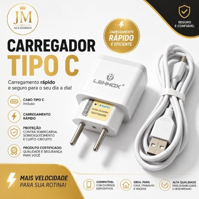 Carregador Turbo Tipo C USB Rápido Para Celular Android Fonte de Carregamento Bivolt Branco
