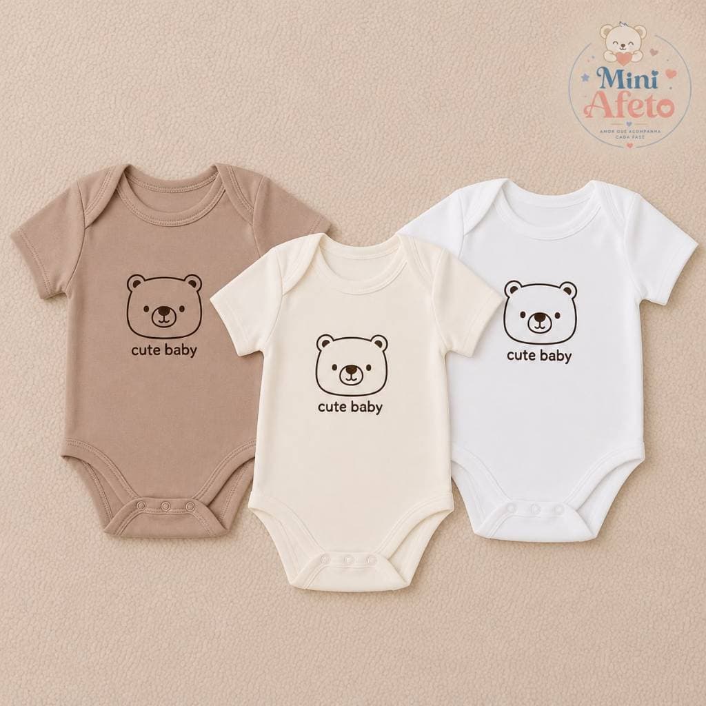 Kit Body Bebê Estampa Ursinho Cute Baby 3 Cores Enxoval Recém Nascido Enxoval Maternidade Mamãe Urso Macacão Nenem Fofo