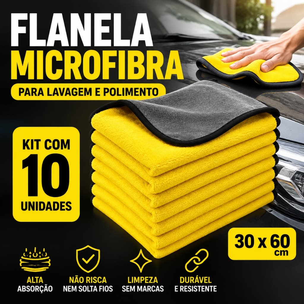 Kit 10 Flanela Pano Toalha Microfibra Automotiva 30x60 Premium Para Lavagem de Carro