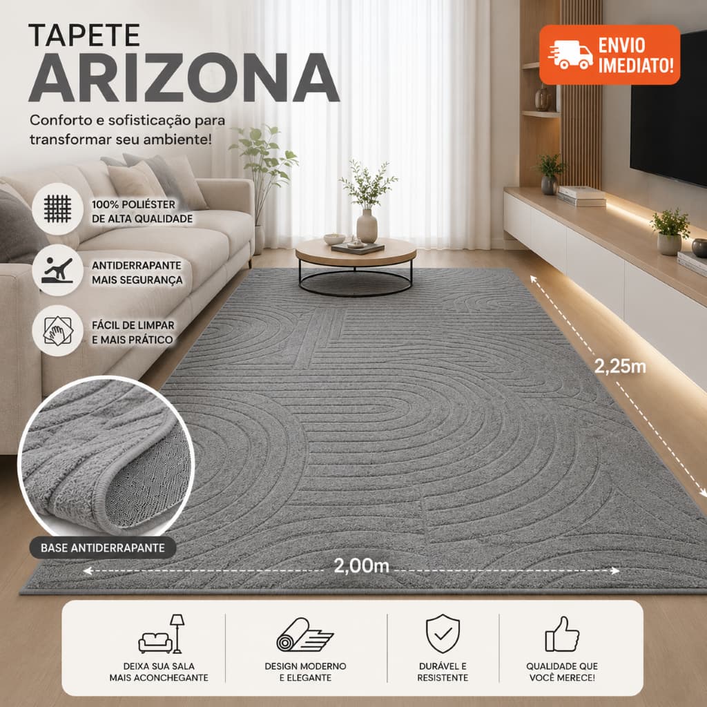 Tapete Arizona 2,00m x 2,25m Antiderrapante 100% Poliéster Grande para Sala e Quarto Triangulo ou circulo sortido