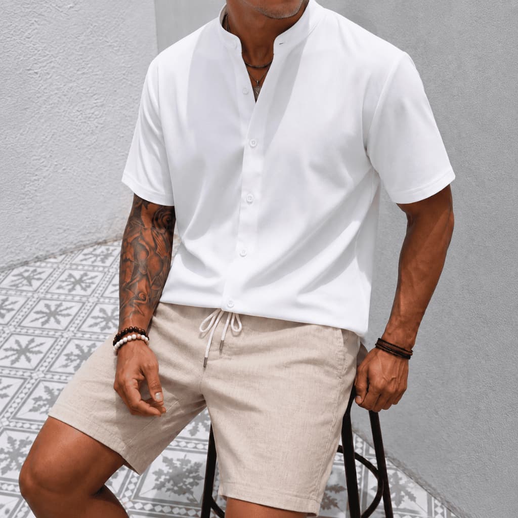 Camisa Social Masculina Manga Curta Gola Padre Slim