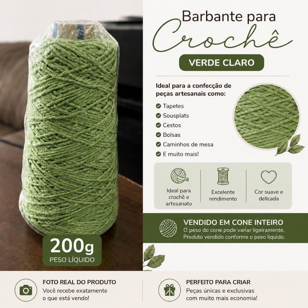 Barbante para Crochê Verde Claro 200g Fio 30/1 Cone para Artesanato e Decoração