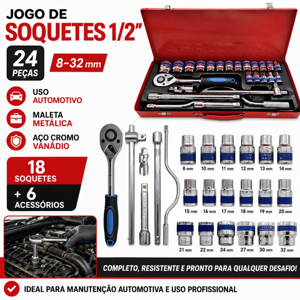 Jogo de Soquetes 1/2 24 Peças 8-32mm Aço CR-V Chave Catraca Extensões Maleta Metálica Profissional
