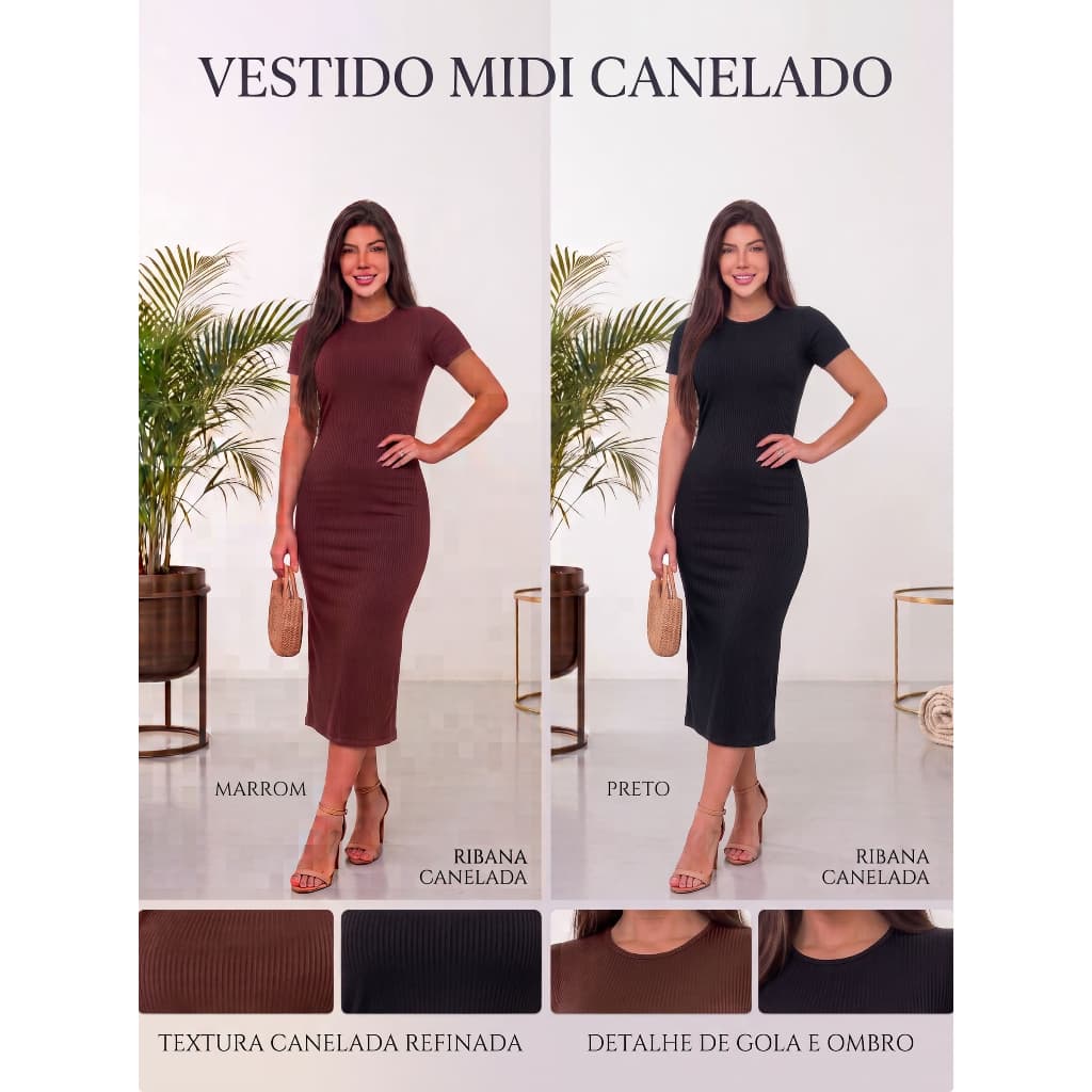 Kit 2 Vestidos Canelado Feminino Manga Curta com Fendas Laterais Moda Feminina Conforto Vestido Dia a Dia