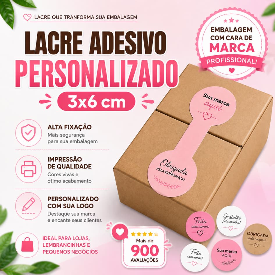 LACRE ADESIVO PERSONALIZADO 3x6cm SUA EMBALAGEM COM CARA DE MARCA PROFISSIONAL!