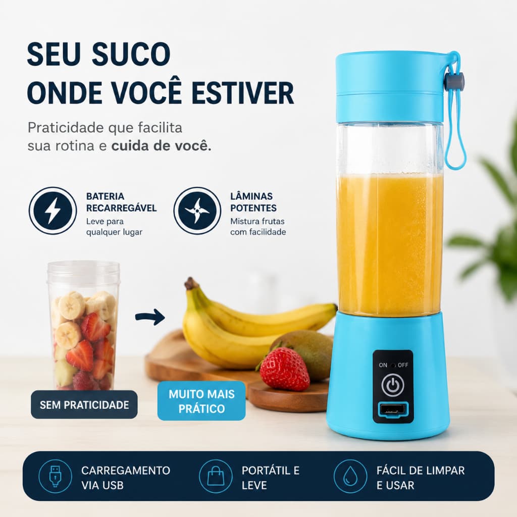 Mini Liquidificador Potente Recarregável Bivolt - (Cores Sortidas)