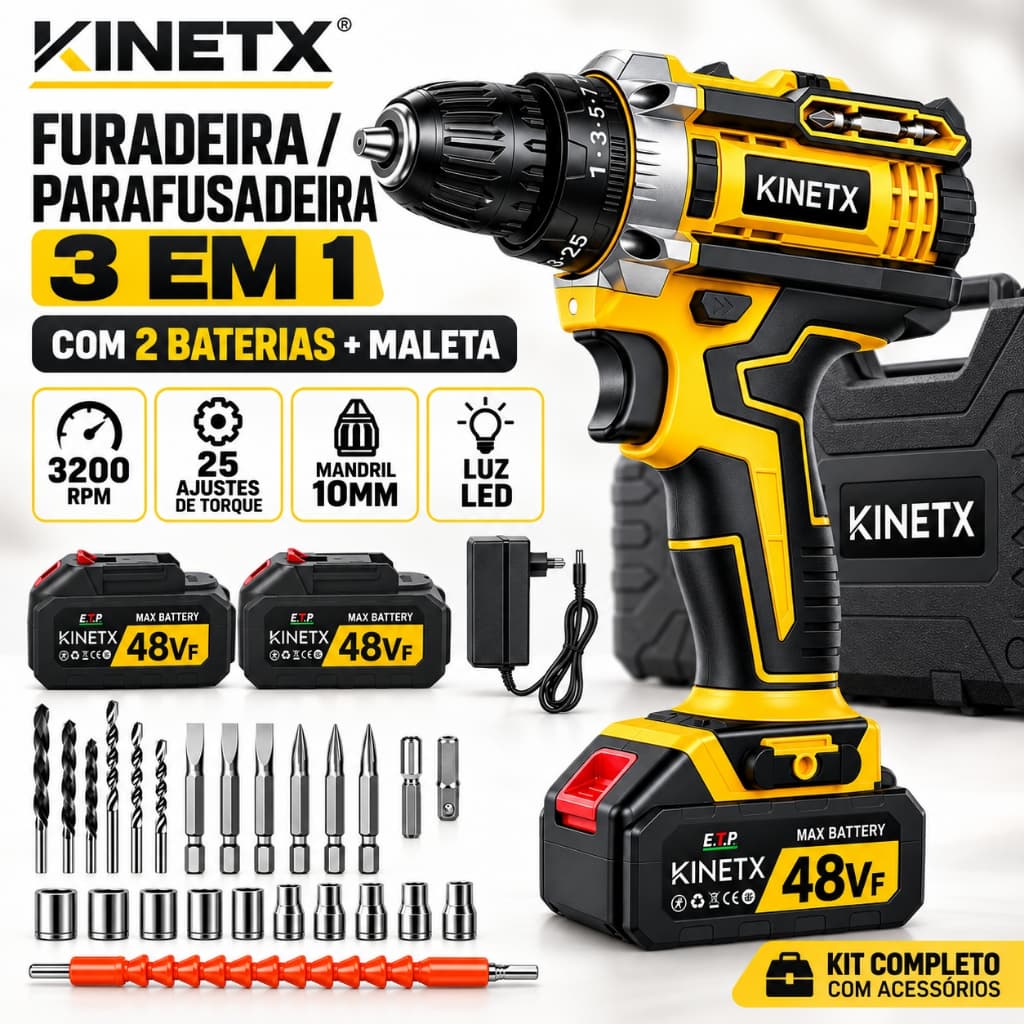 KINETX Chave De Impacto Parafusadeira Furadeira Elétrica 3200RPM Profissional Bivolt com 2 Baterias e Kit Maleta