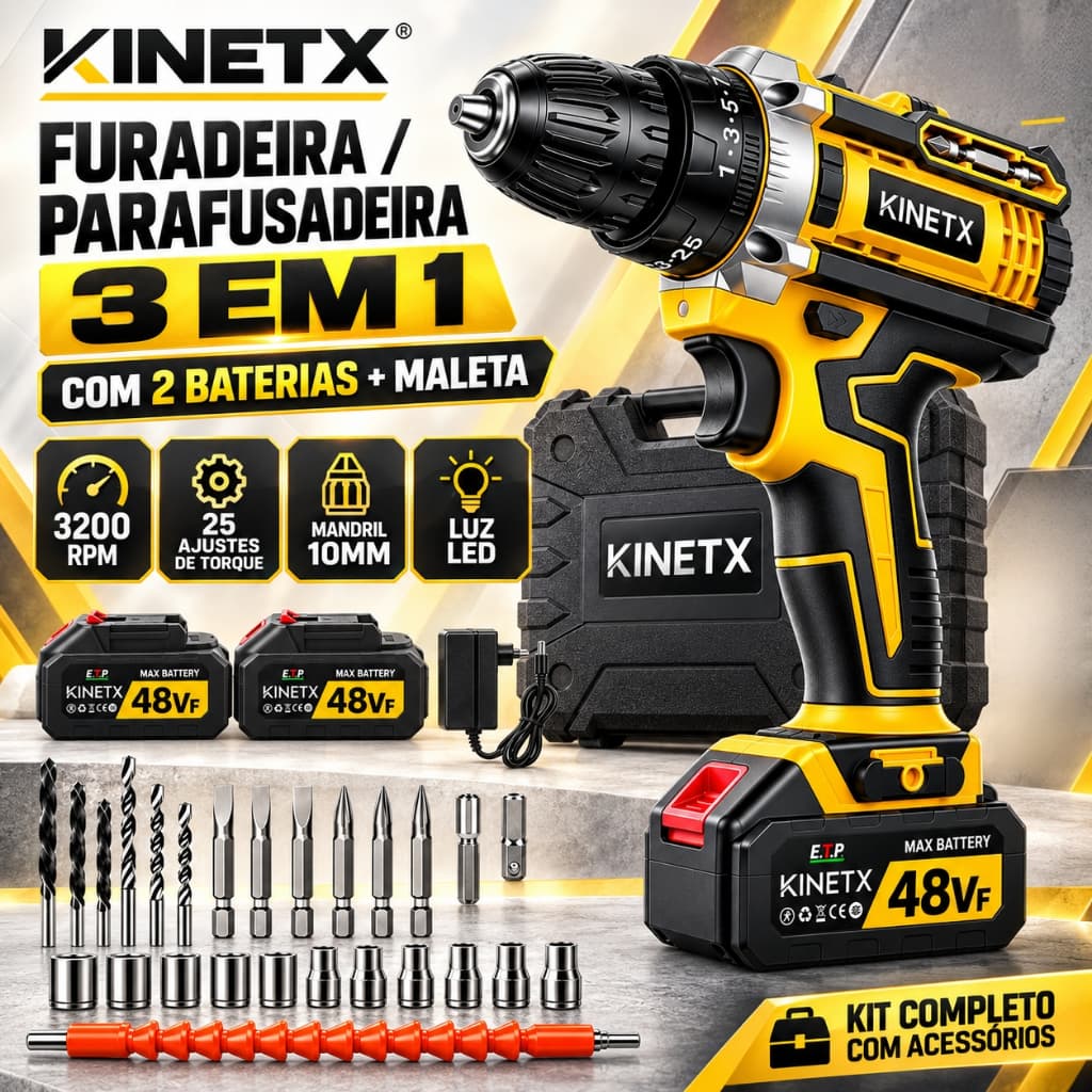 Chave De Impacto Parafusadeira Furadeira KINETX 75Nm 3200RPM Bivolt Profissional com 2 Baterias+Acessórios Maleta
